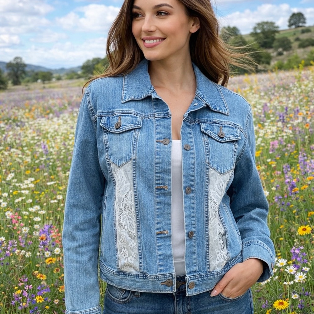 Women's Blue Denim upcycled Jacket with Lace  Inserts